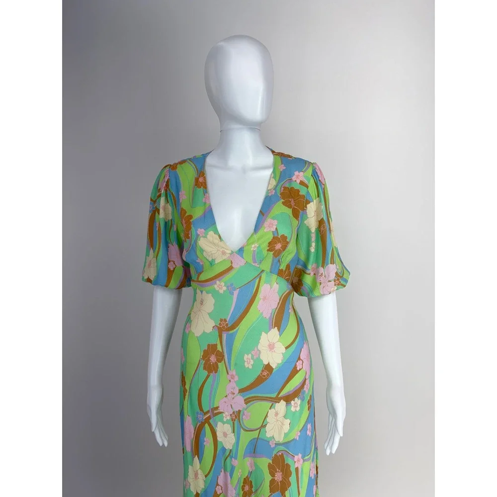 RIXO Steph Maxi Dress Floral Open Back Tie Waist Puff Sleeve Size S - Picture 4 of 9